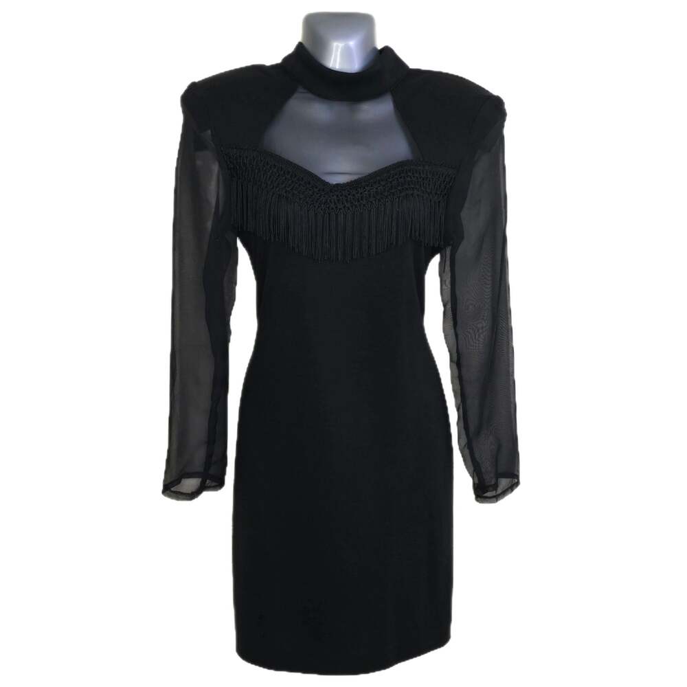 Vintage Paris Sport Club Black Fringe Mini Dress Sheer Sleeves Size 5